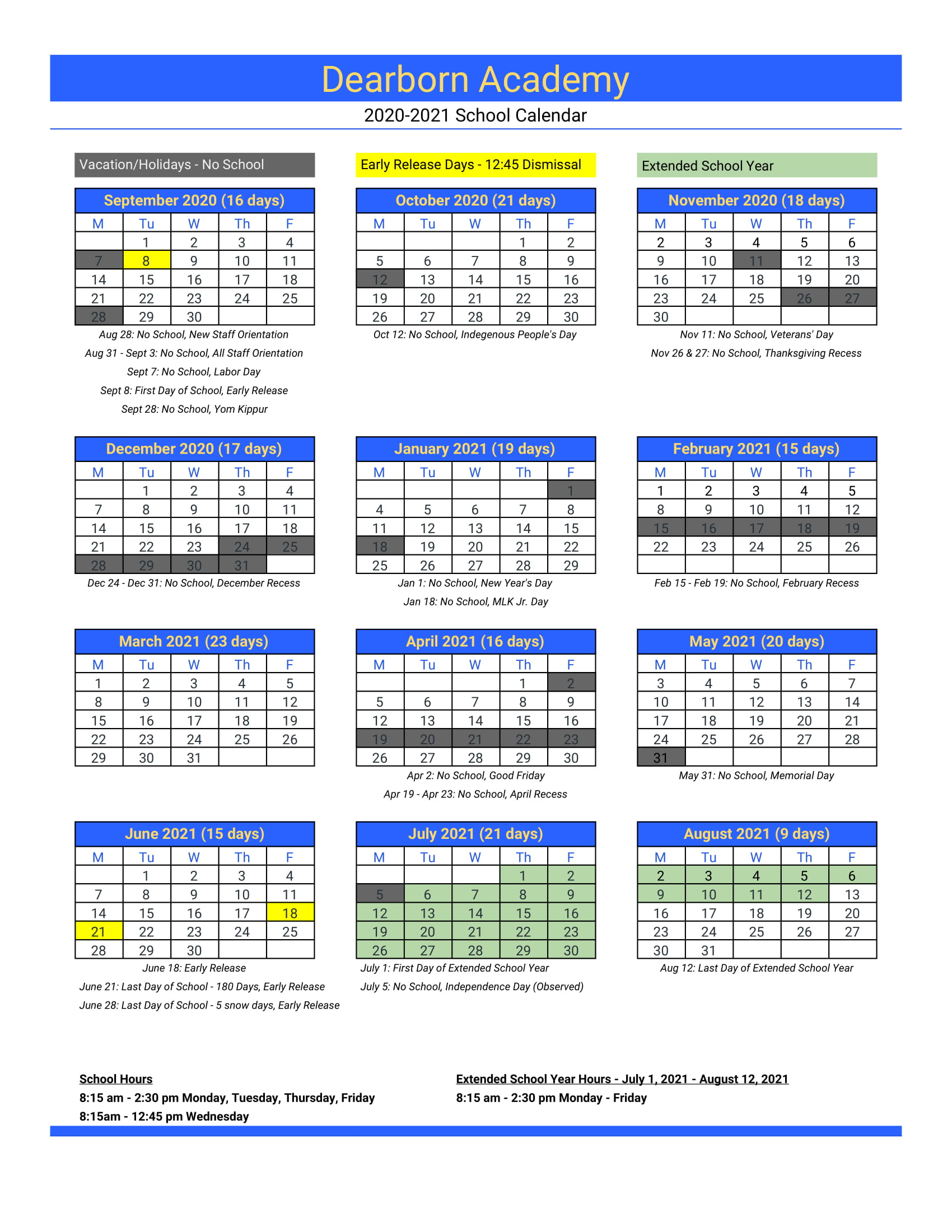School Calendar Dearborn Academy