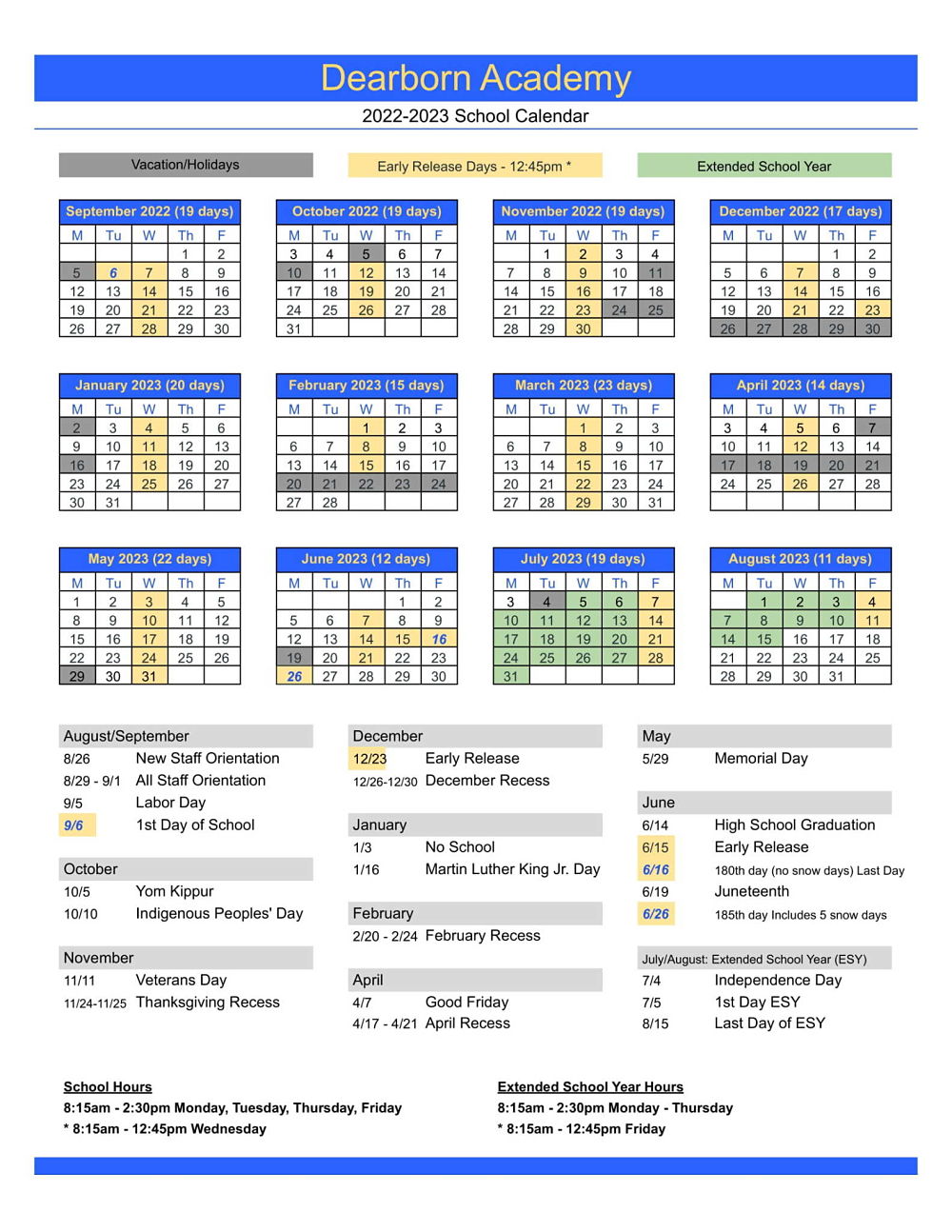 Dearborn 2022-23 Calendar