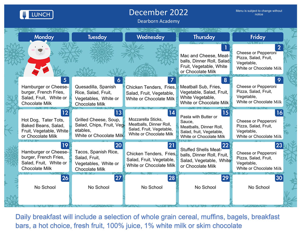 December 2022 Lunch Menu