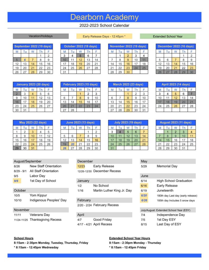 Dearborn Academy 2022-2023 Calendar (Revised)