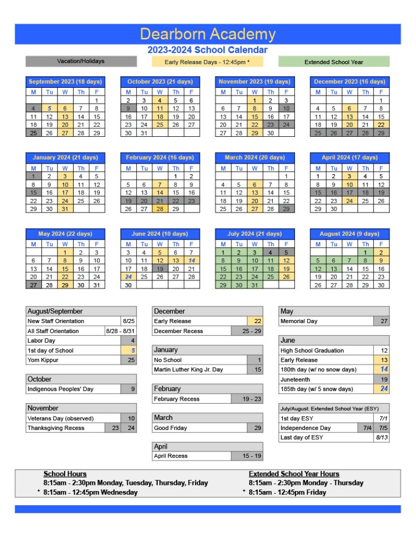 Dearborn Academy 2023-2024 Calendar