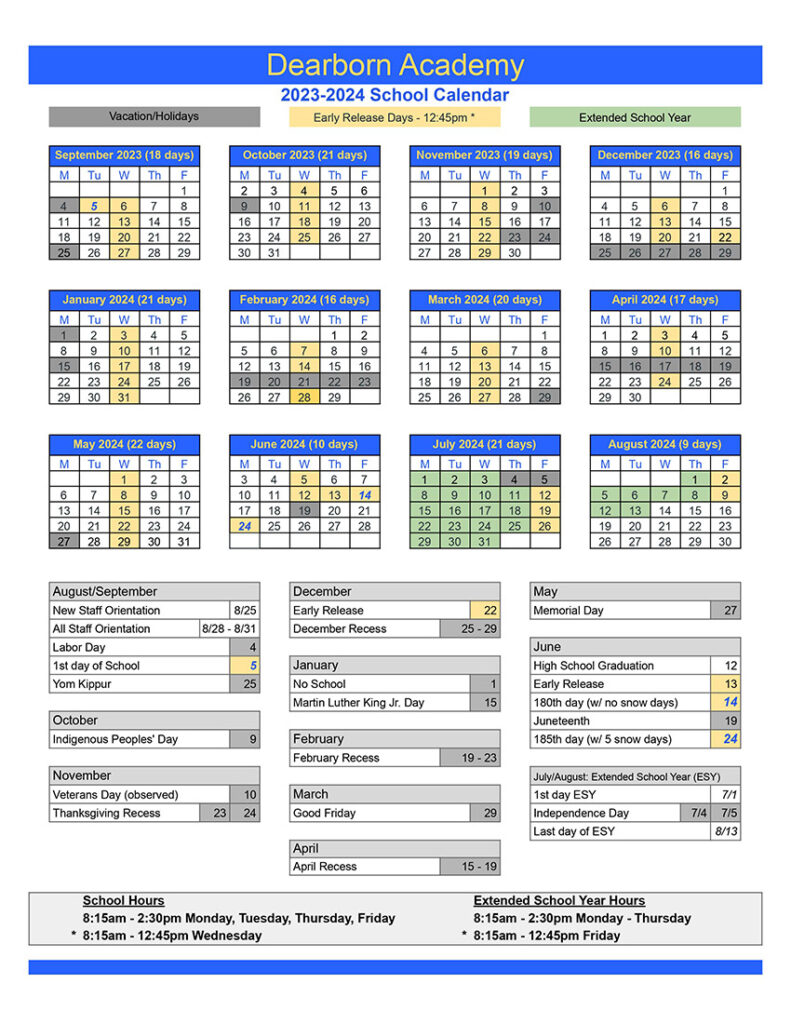 2023-24 Dearborn Academy School Calendar