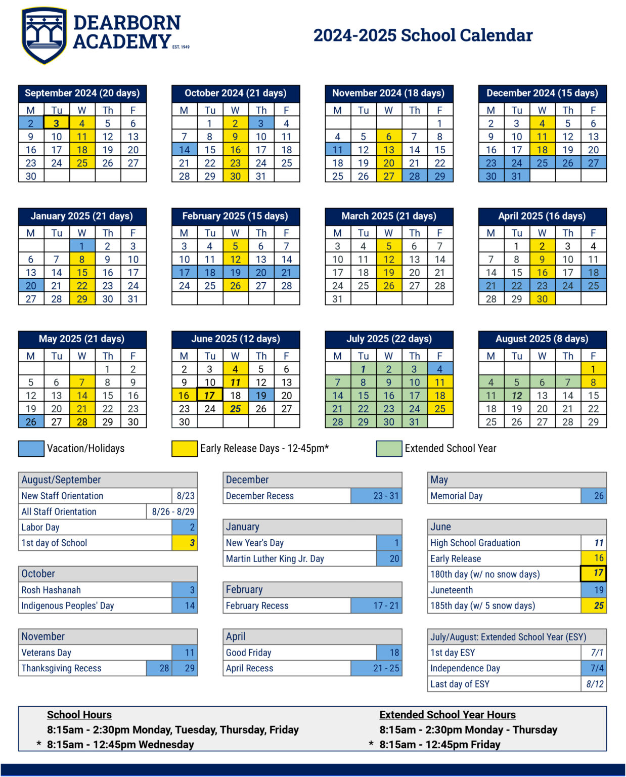 School Calendar Dearborn Academy